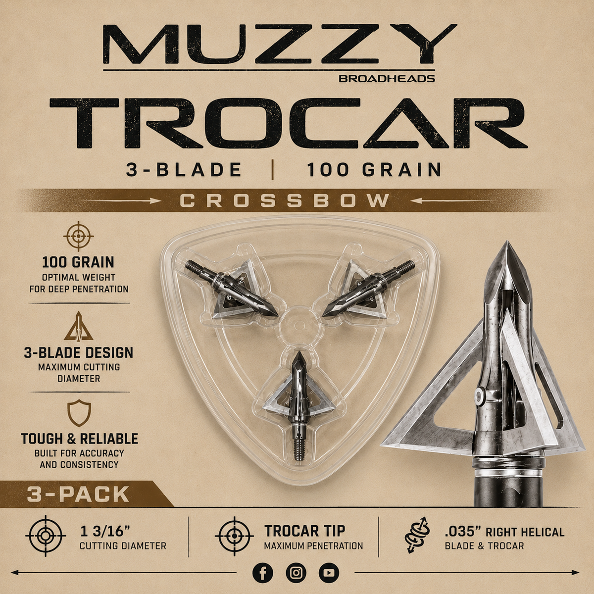MUZZY TROCAR 3-BLADE BROADHEADS (3-PACK)
